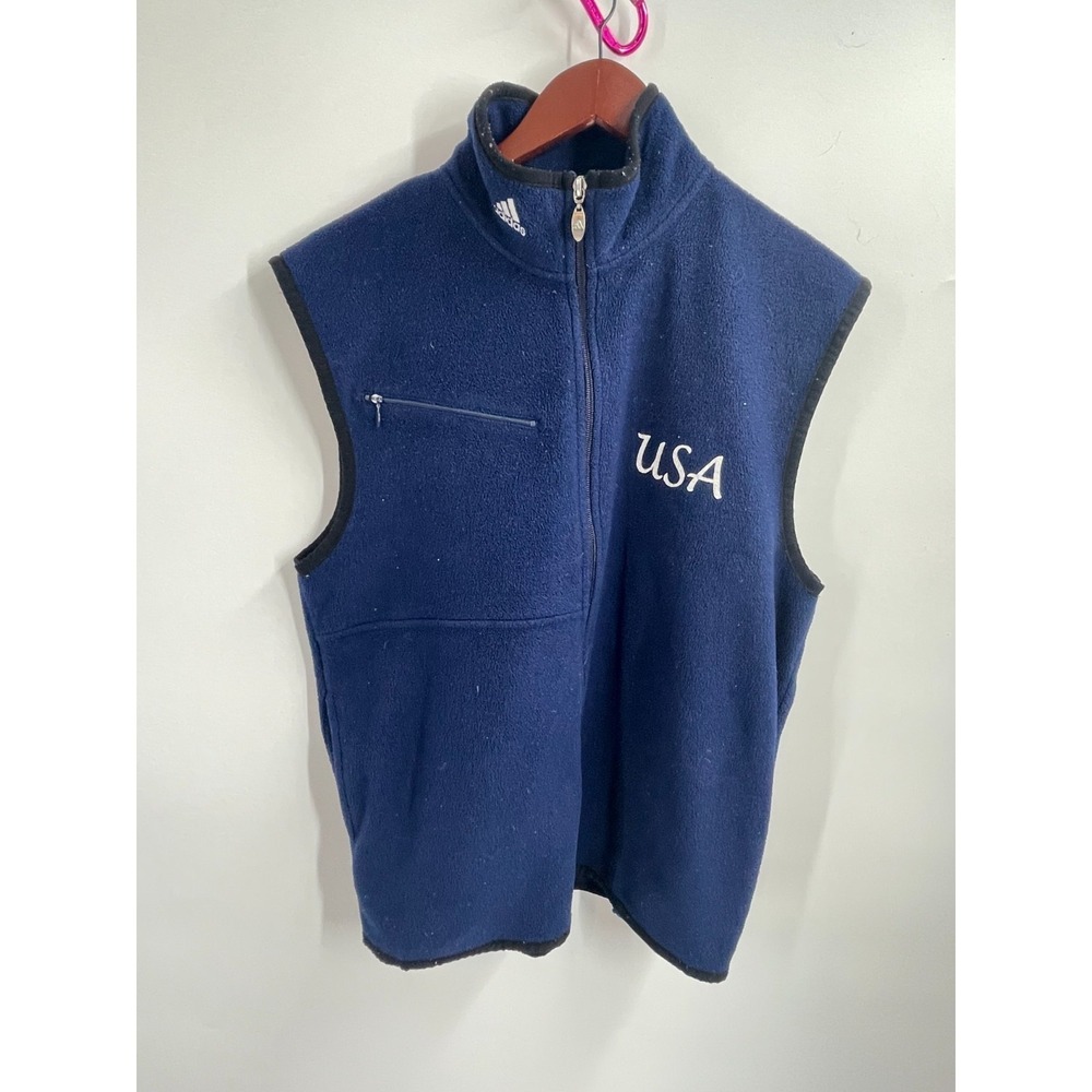 Vintage Adidas Team USA Fleece Athletic Mock Neck Full Zip Vest Navy Blue Size S
